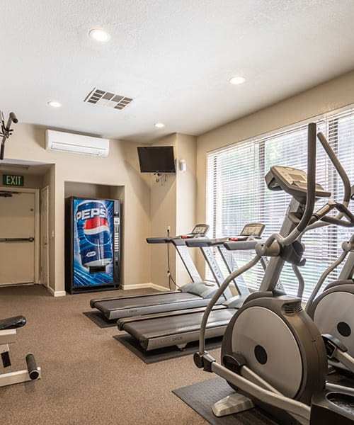 Modern gym fitness room with large windows and treadmills at Ashford Park in Sacramento, California