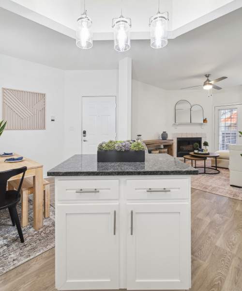 Modern Kitchen View With Black Granite Island, And Cozy Living Room at Lighthouse Landings in Indianapolis, Indiana