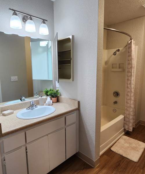 Bathroom with tub and shower at Cobble Creek Apartment Homes in Chico, California