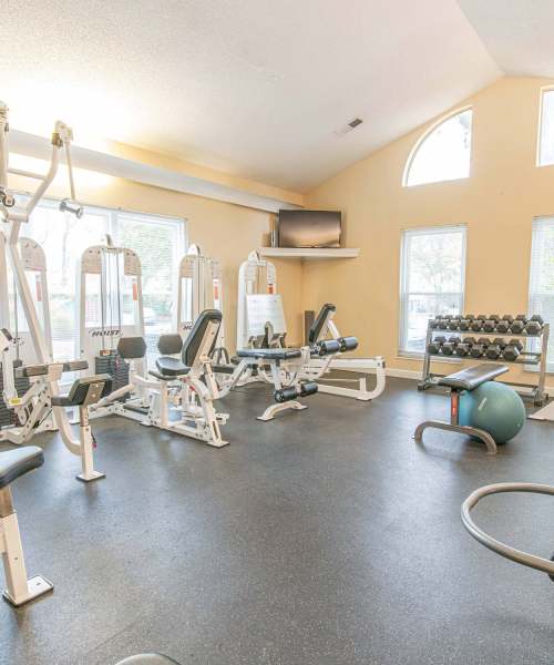 Fitness center at Peachtree Apartments in Chesterfield, Missouri