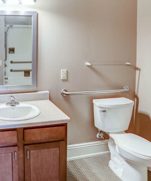 Granite countertop with modern sink at Washington School Apartments in Washington Court House, Ohio