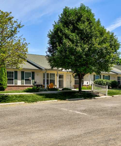 Tree-lined walkway with homes at Essex Place North in Sycamore, Ohio