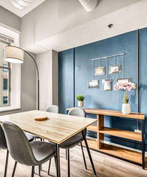 Dining area with modern decor at Huron Square and The Osborn in Cleveland, Ohio