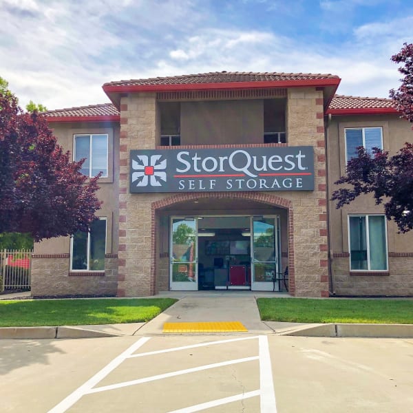 Exterior of the main entrance at StorQuest Self Storage in Elk Grove, California