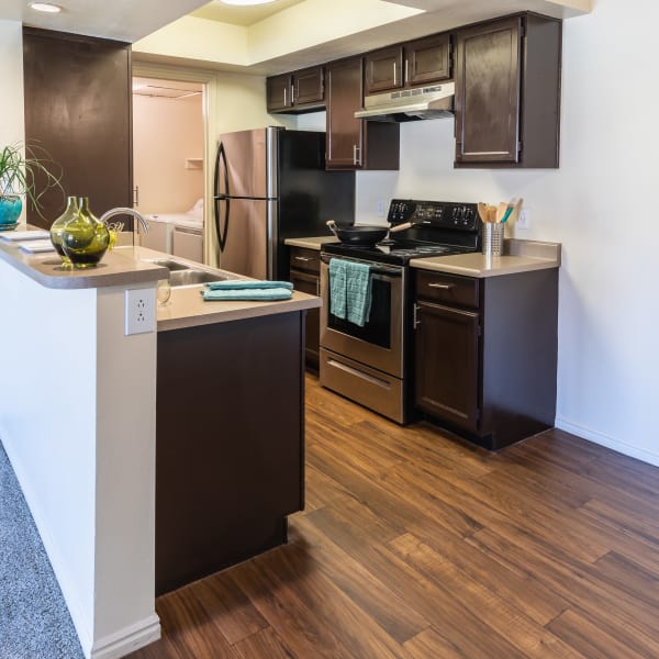 Brown Renovated Kitchen with Stainless Steel Appliances at Shadowbrook Apartments in West Valley City
