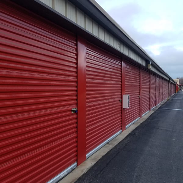 Outdoor storage units with bright doors at StorQuest Self Storage in Bakersfield, California