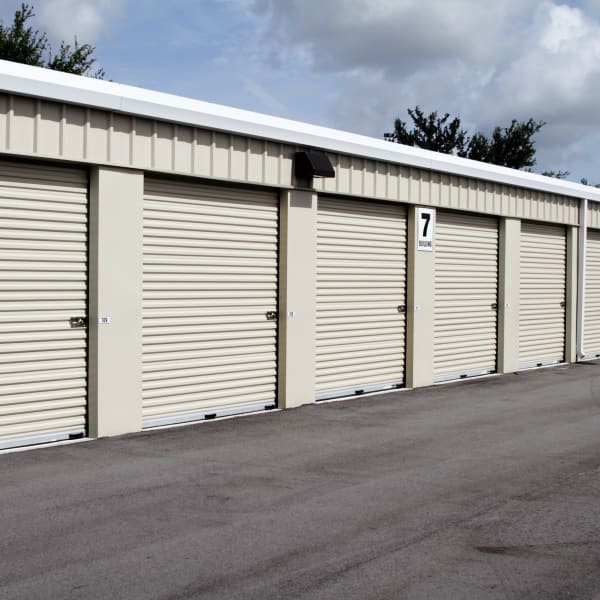 White doors on outdoor units at Hayward Self Storage in Hayward, California