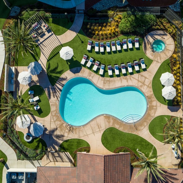 Aerial view of resort-style swimming pool at The Palms at Morada in Stockton, California