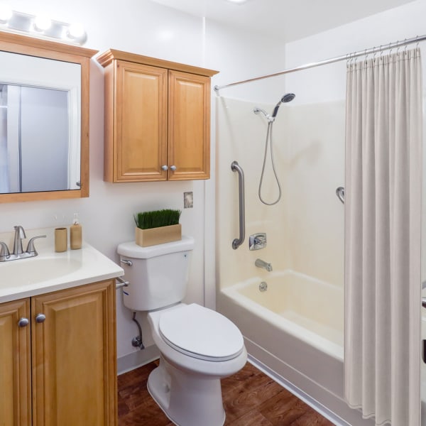 Model bathroom with a large shower and bath at Pasatiempo in Fremont, California