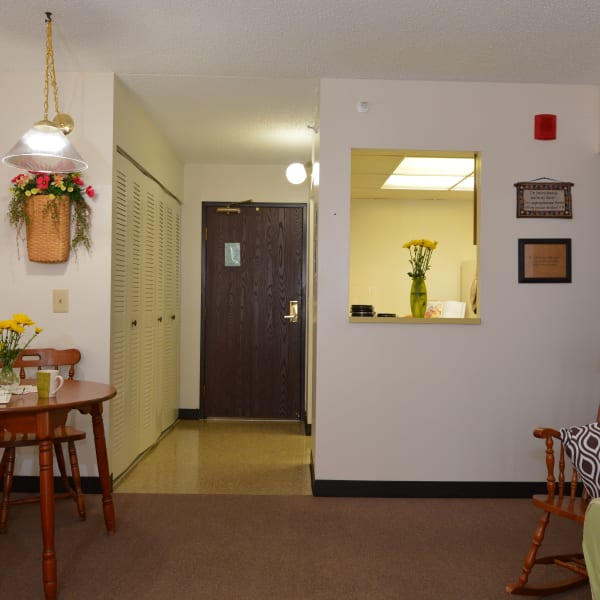 Living room and pass-through to the kitchen of a model apartment at Canton Towers in Canton, Ohio