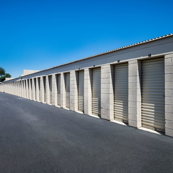 Outdoor drive-up storage units at StorQuest Self Storage in Phoenix, Arizona