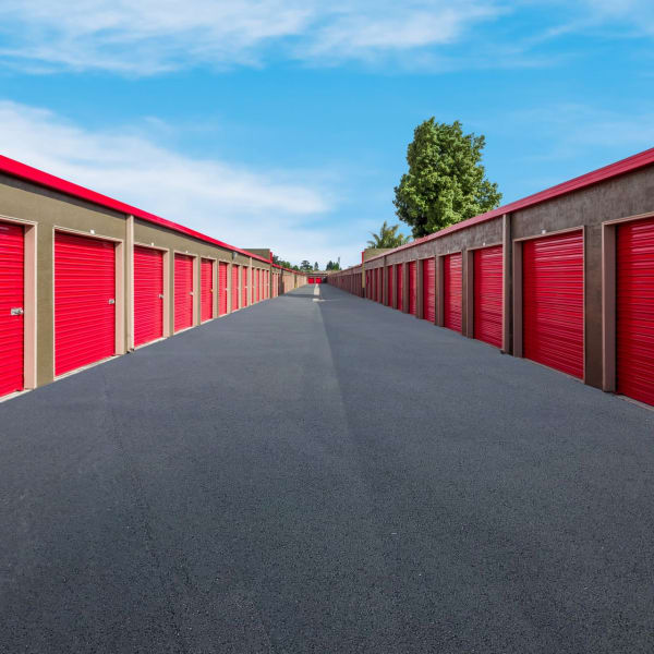 Outdoor storage units with electronic gate access at StorQuest Self Storage in San Leandro, California