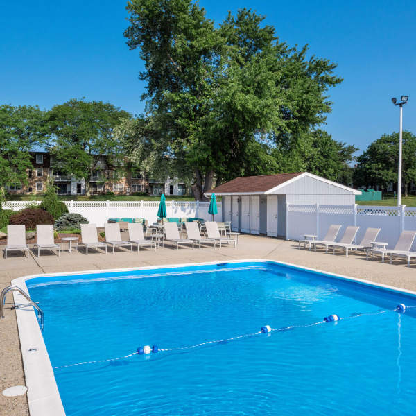 Large pool and sundeck at The Four Seasons Apartments in East Providence, Rhode Island