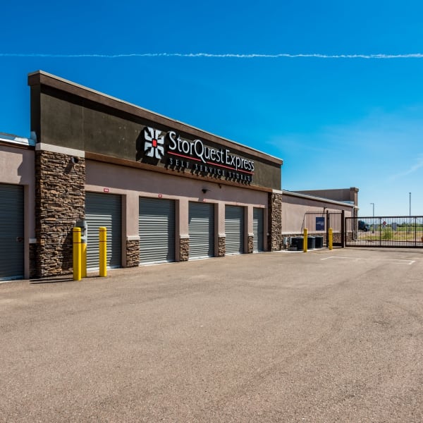 Outdoor drive-up storage units at StorQuest Express Self Service Storage in Gilbert, Arizona
