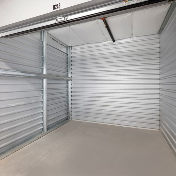 Inside a large climate-controlled storage unit at StorQuest Express Self Service Storage in Sacramento, California