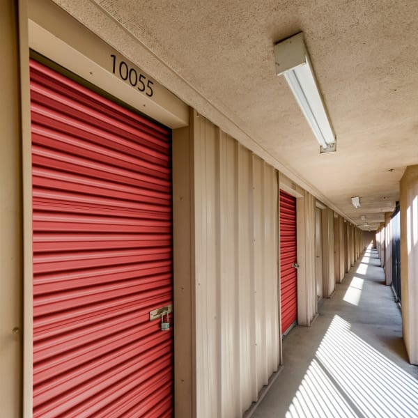 Self storage units with red doors at StorQuest Self Storage in San Rafael, California