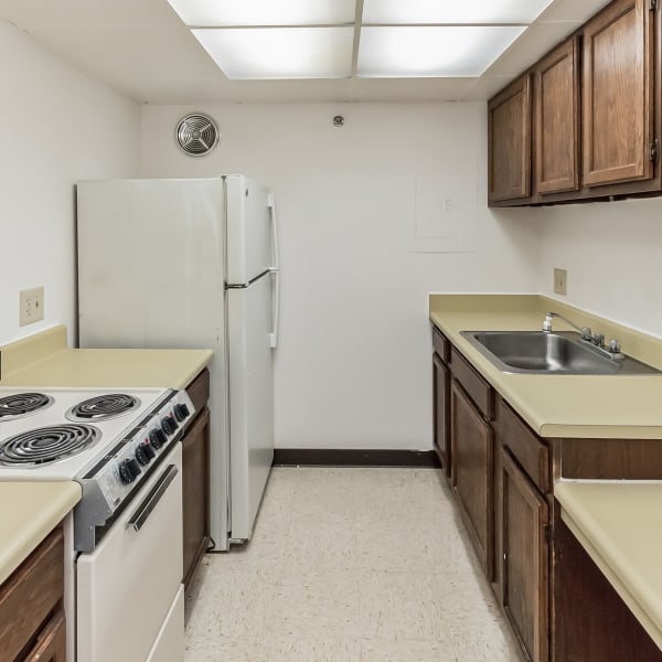 Kitchen in a apartment at Lima Towers in Lima, Ohio