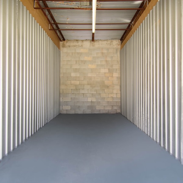 Inside a large self storage unit at StorQuest Self Storage in Port St Lucie, Florida