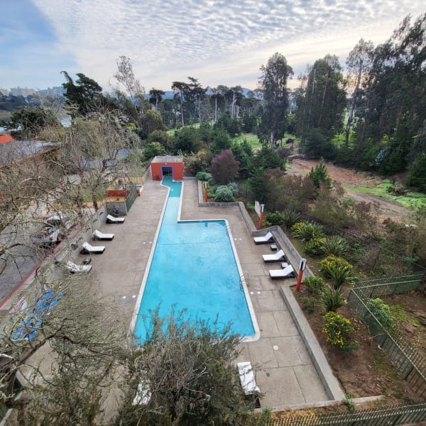 Outdoor swimming pool at Lakewood Apartments at Lake Merced in San Francisco, California