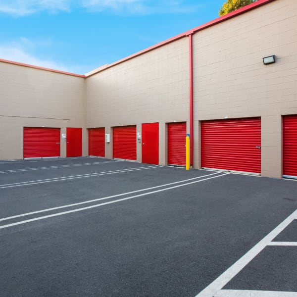 Large outdoor storage units with drive up access at StorQuest Self Storage in Rancho Cucamonga, California
