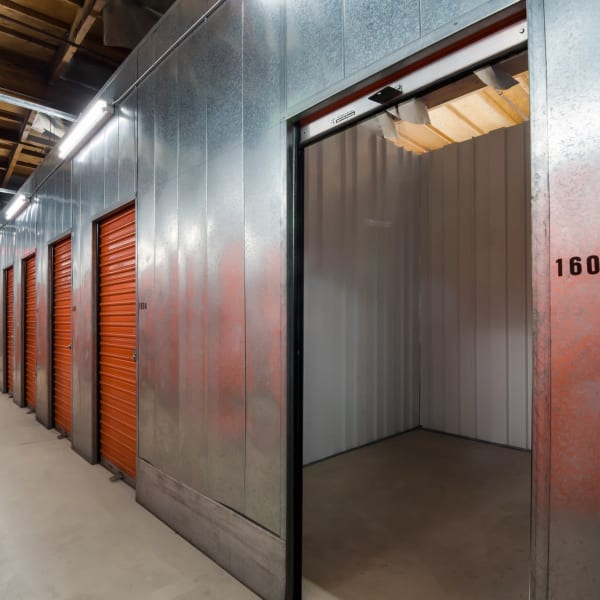 An open indoor storage unit at StorQuest Self Storage in Canoga Park, California