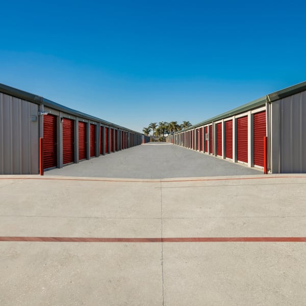 Outdoor drive-up storage units at StorQuest Self Storage in Selma, California
