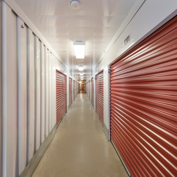 Red doors on indoor units at StorQuest Self Storage in Thornwood, New York