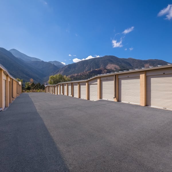 Outdoor drive-up storage units at StorQuest Self Storage in Manitou Springs, Colorado