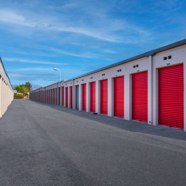 A row of outdoor storage units at StorQuest Self Storage in Rosemead, California