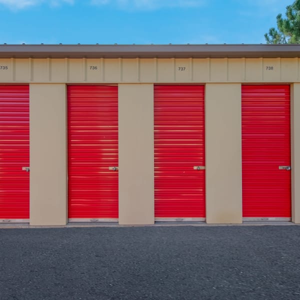 Outdoor drive-up storage units at StorQuest Self Storage in Louisville, Colorado