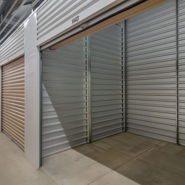 An open climate-controlled indoor unit at StorQuest Self Storage in Louisville, Colorado