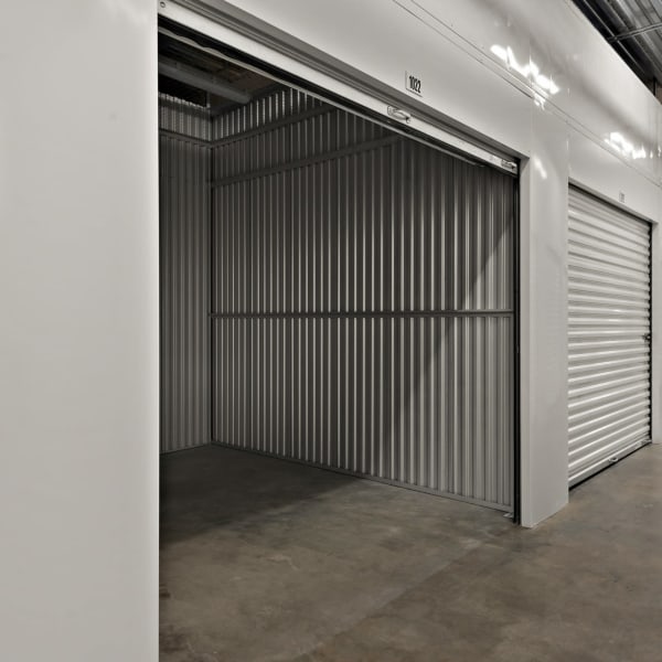 An open climate-controlled storage unit at StorQuest Self Storage in Ventura, California