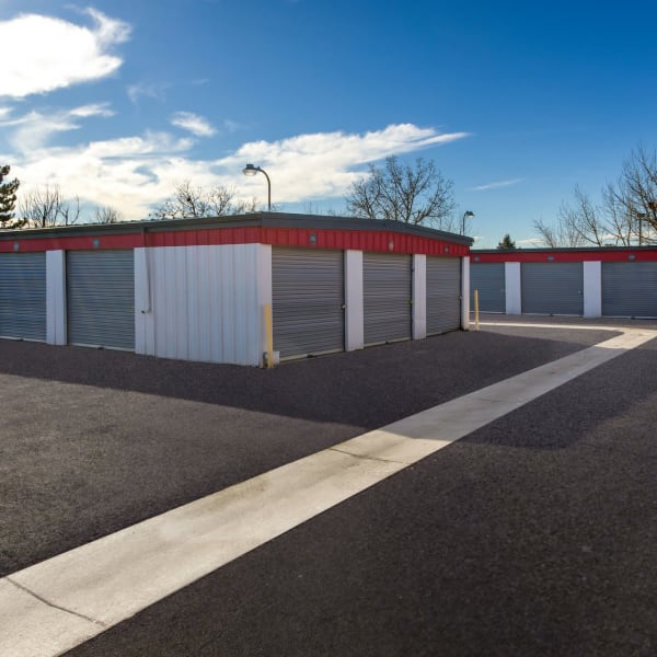 Rows of drive up storage units at StorQuest Economy Self Storage in Aurora, Colorado