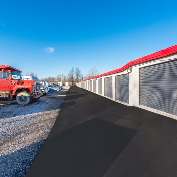 Outdoor drive-up storage units at StorQuest Economy Self Storage in Lewis Center, Ohio