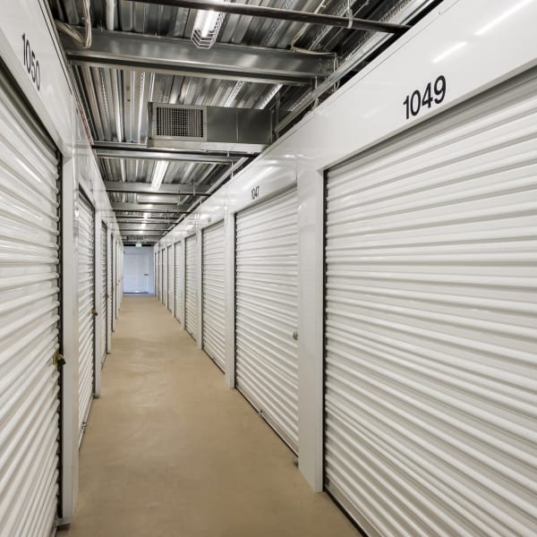 Climate controlled storage units with white doors at StorQuest Self Storage in Littleton, Colorado