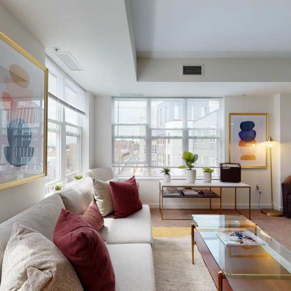 Bedroom of a model apartment at Transit Village in Philadelphia, Pennsylvania