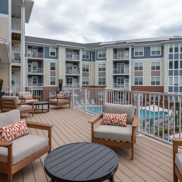 Tables by the pool at Attain at Towne Centre, Fredericksburg, Virginia