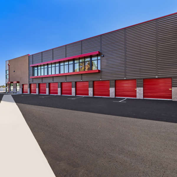 Outdoor drive-up storage units at StorQuest Self Storage in Vista, California