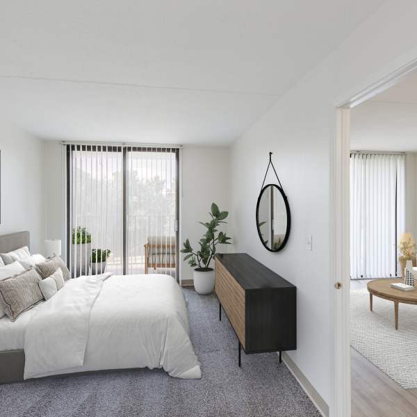 Bedroom of a model apartment at Perrytown Place in Pittsburgh, Pennsylvania