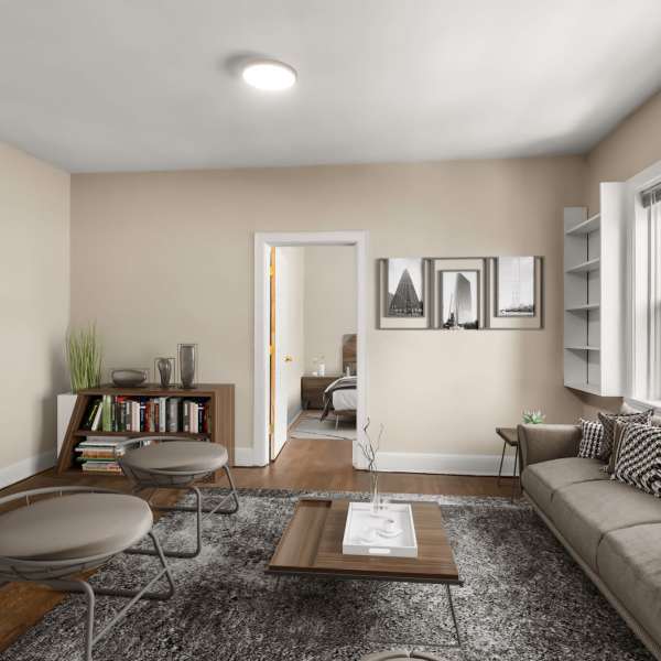 Living room with couch at Detroit Living in Detroit, Michigan