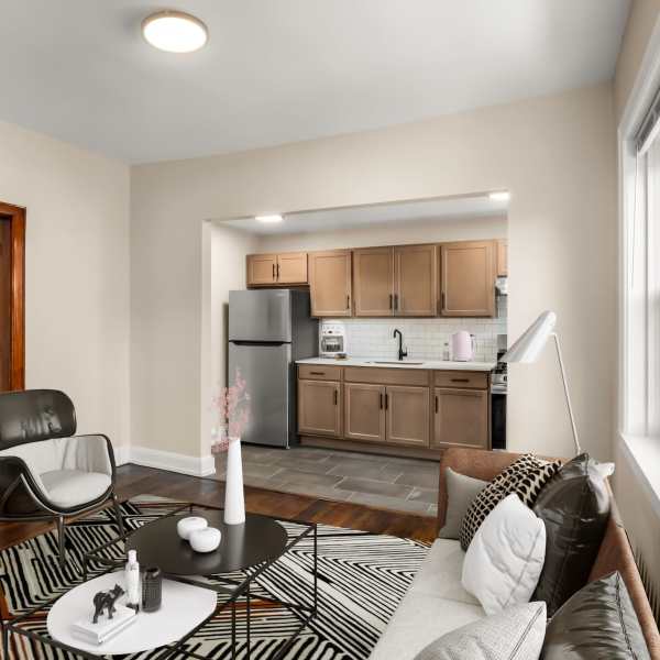 Modern open layout living room and Kitchen at Detroit Living in Detroit, Michigan