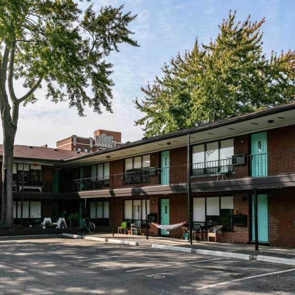 Exterior of an apartment with private patios and balconies at Detroit Living in Detroit, 