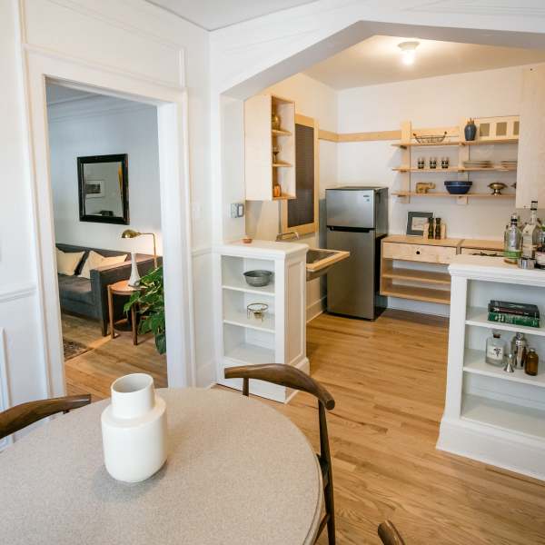 Kitchen with access ti dining room at Detroit Living in Detroit, Michigan
