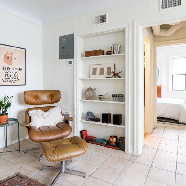 Office room with leather chair at Detroit Living in Detroit, Michigan