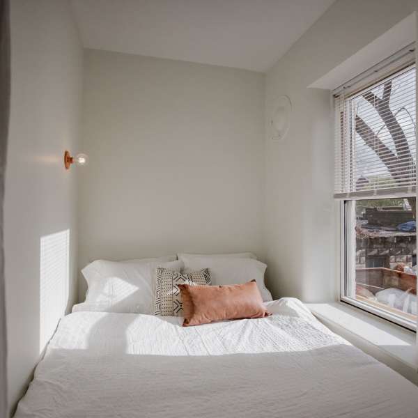 Model bedroom at Detroit Living in Detroit, 
