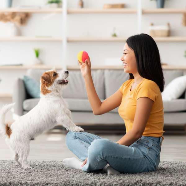Resident playing with her dog at Olympus at Arroyo Verde in Tucson, Arizona