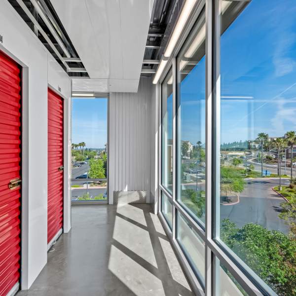 Red doors on indoor units at StorQuest Self Storage in Folsom, California