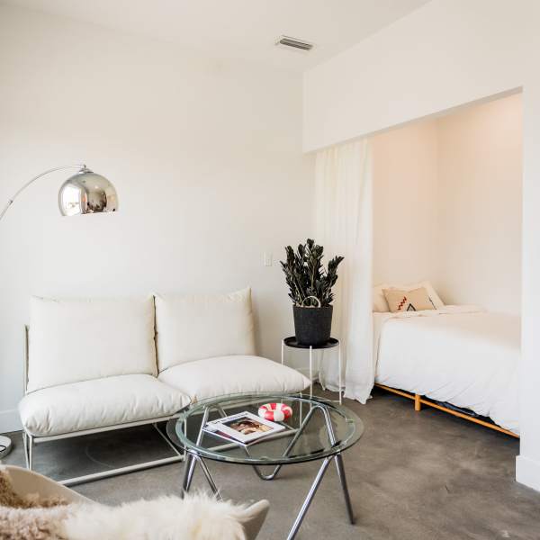 Living room with stylish decor at Detroit Living in Detroit, Michigan