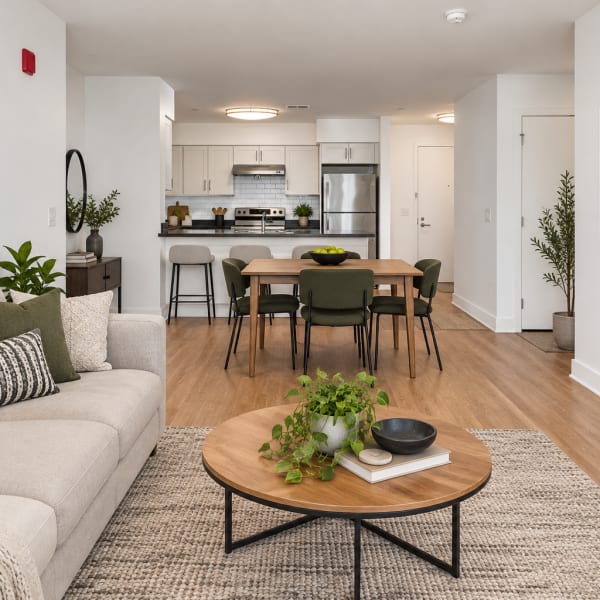 Living room looking into dining and kitchen of an apartment at NC Five in Philadelphia, Pennsylvania
