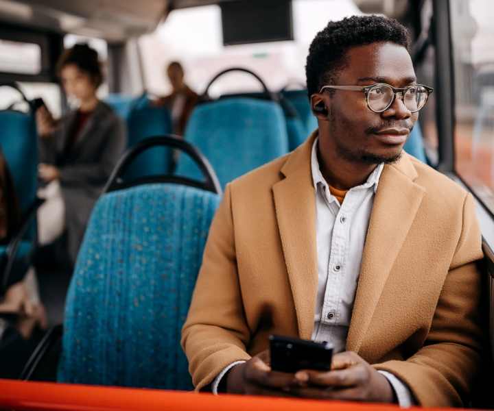 Resident taking the bus to work near Yauger Park Villas in Olympia, Washington